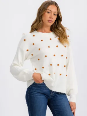 WOMEN'S LONG SLEEVE POM POM DETAILED PULLOVER SWEATER