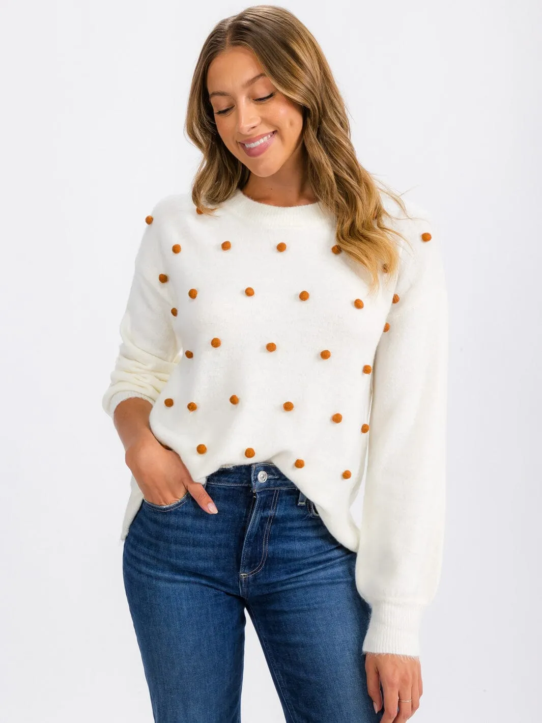 WOMEN'S LONG SLEEVE POM POM DETAILED PULLOVER SWEATER