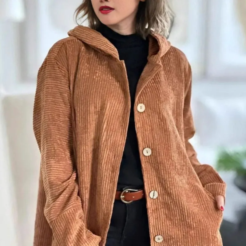 Women's Oversized Hooded Corduroy Button Down Shacket