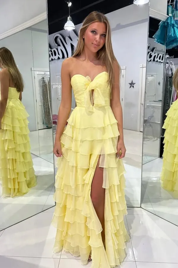 Yellow Chiffon Tiered A Line Sweetheart Long Prom Dresses With Slit, SLP075