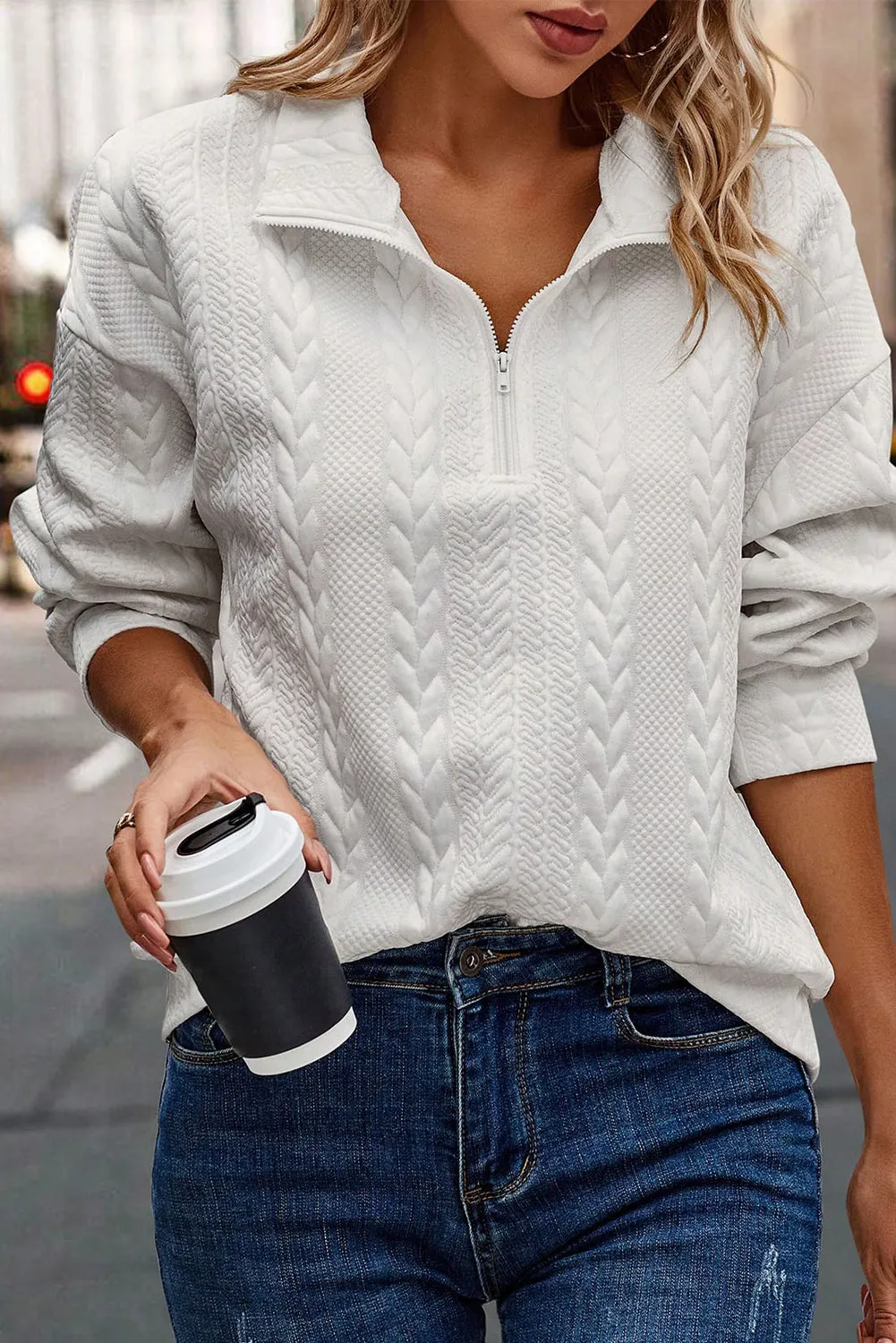 Zip up Cable Textured Sweatshirt