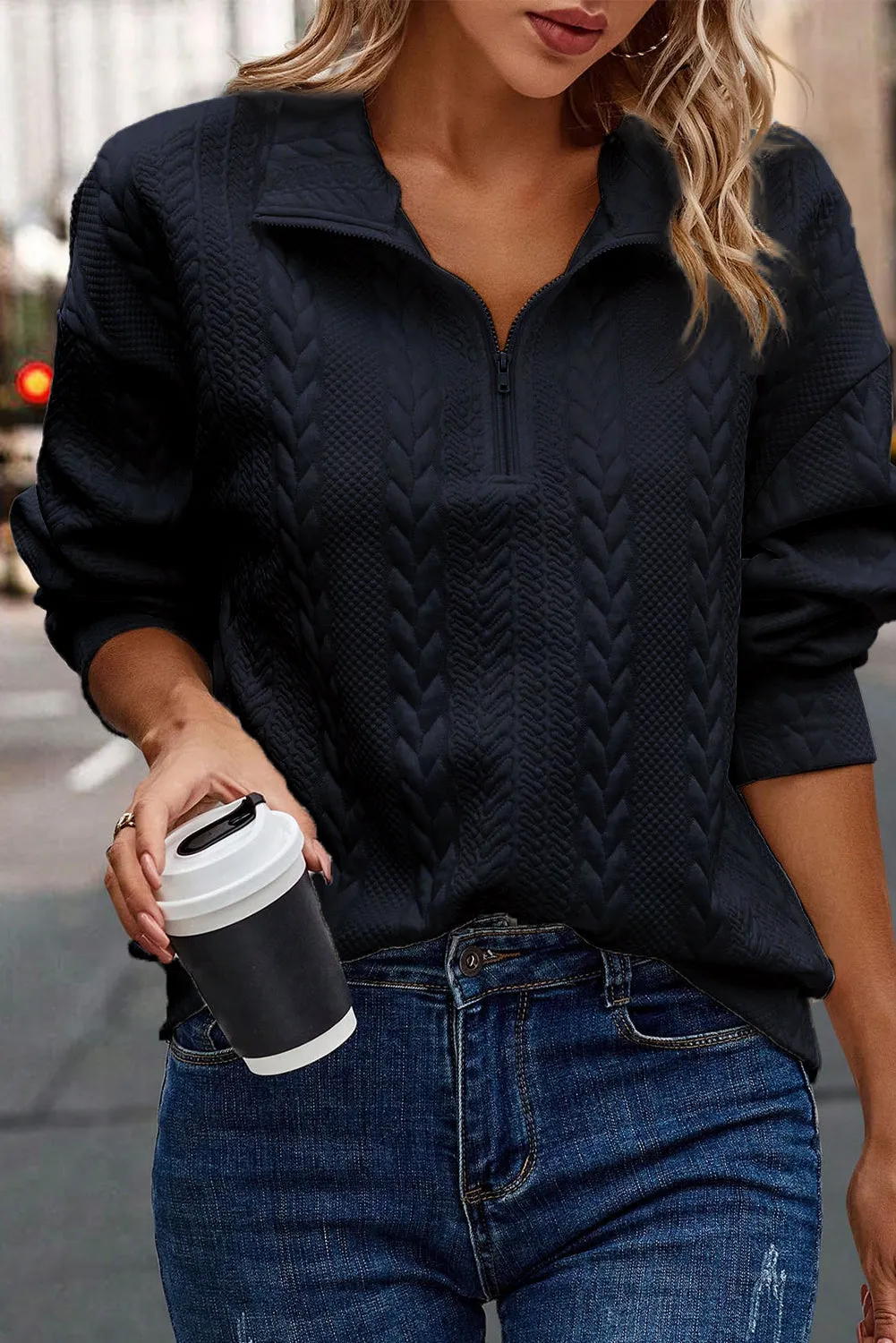 Zip up Cable Textured Sweatshirt