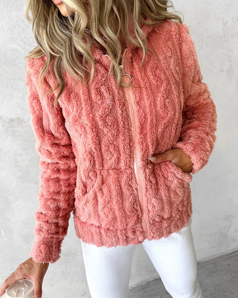 Zipper Design Fuzzy Textured Hooded Fleece Coat