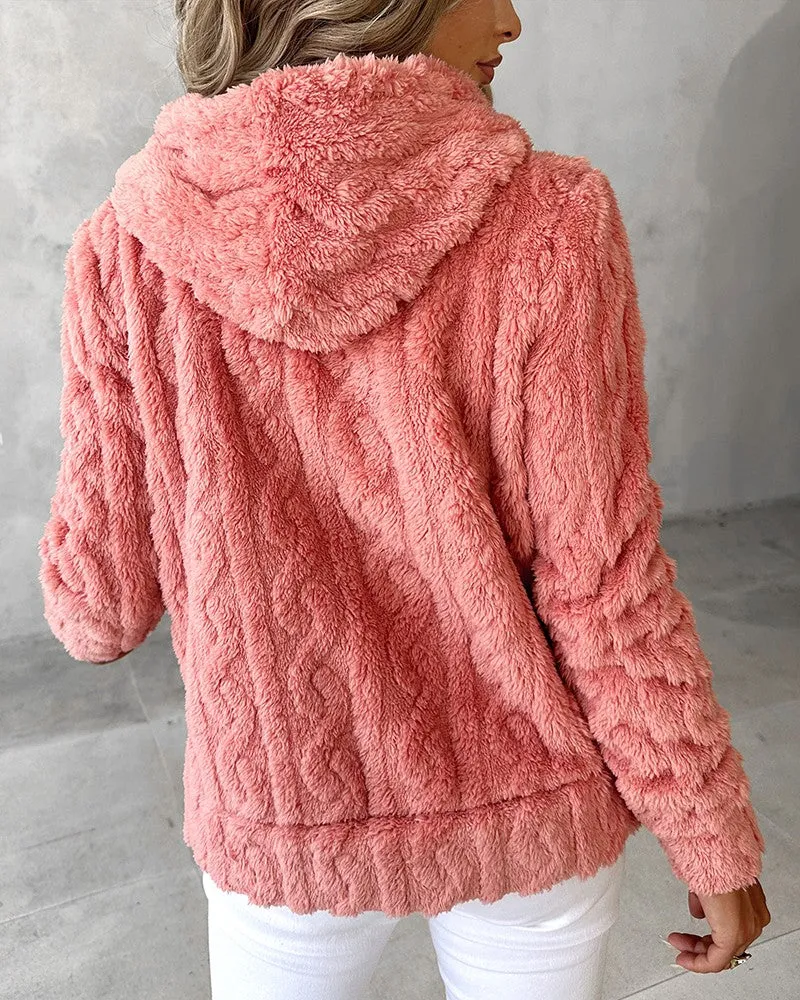 Zipper Design Fuzzy Textured Hooded Fleece Coat