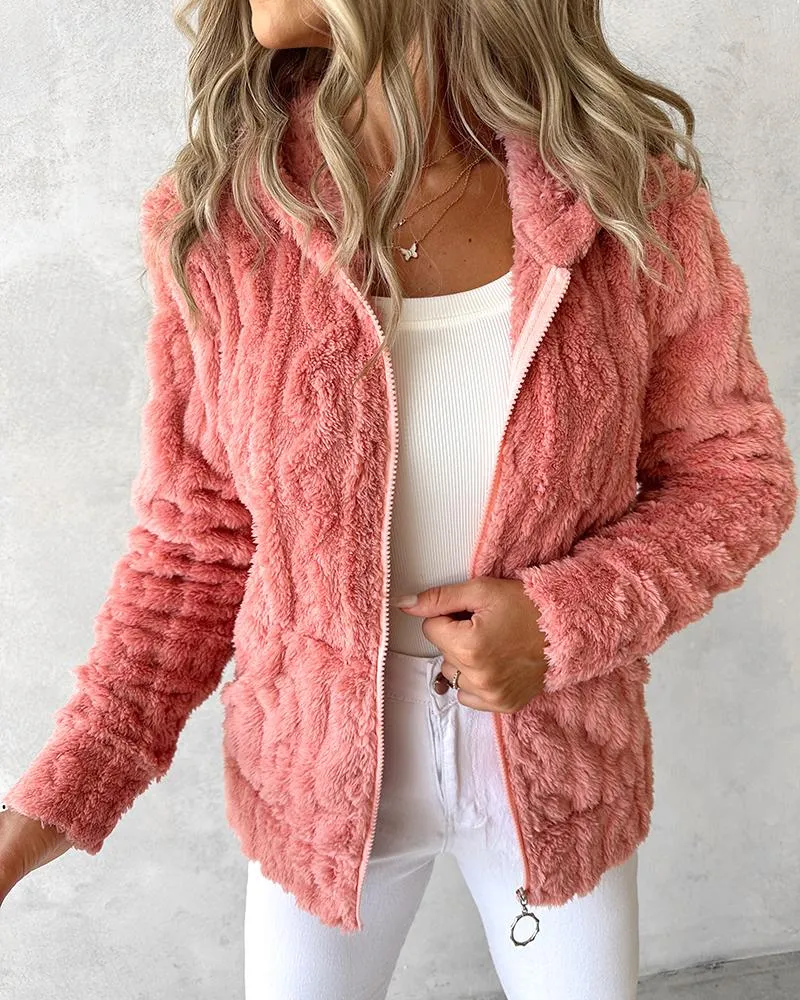 Zipper Design Fuzzy Textured Hooded Fleece Coat