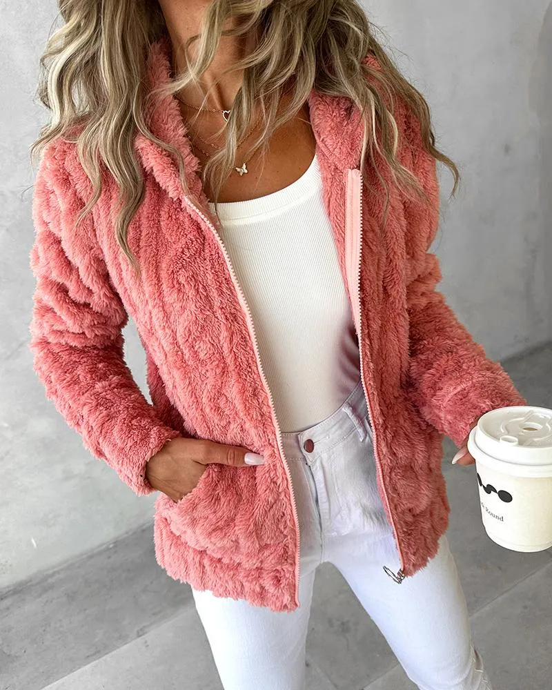 Zipper Design Fuzzy Textured Hooded Fleece Coat
