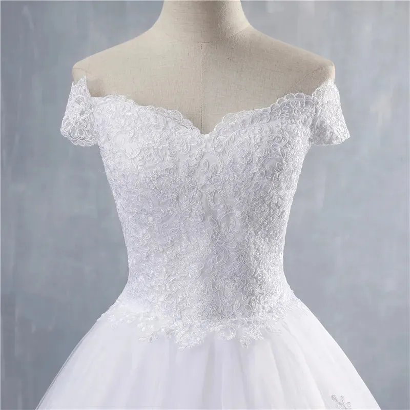 ZJ9143  Ball Gown Off The Shoulder Wedding Dresses Short Sleeves Bridal Dress White Ivory Lace Appliques
